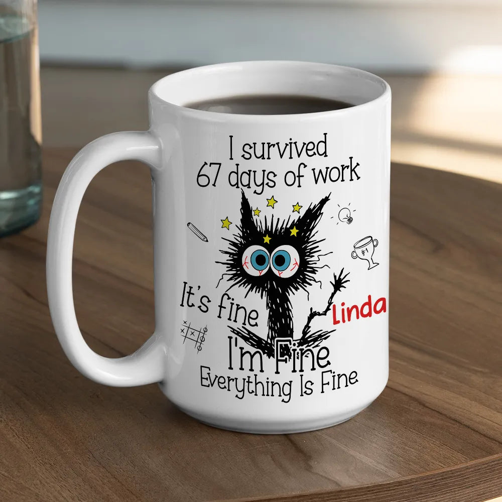 Personalized White Ceramic Mug for Workdays Survival, Funny Cat Cartoon Design, Unique Coworker Gift for Coffee & Tea Lovers