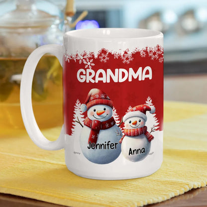 Grandma's Christmas Mug with Snowman Family, Cute Red Winter Scene, Durable Ceramic, Warm Morning Coffee, Creative Gift