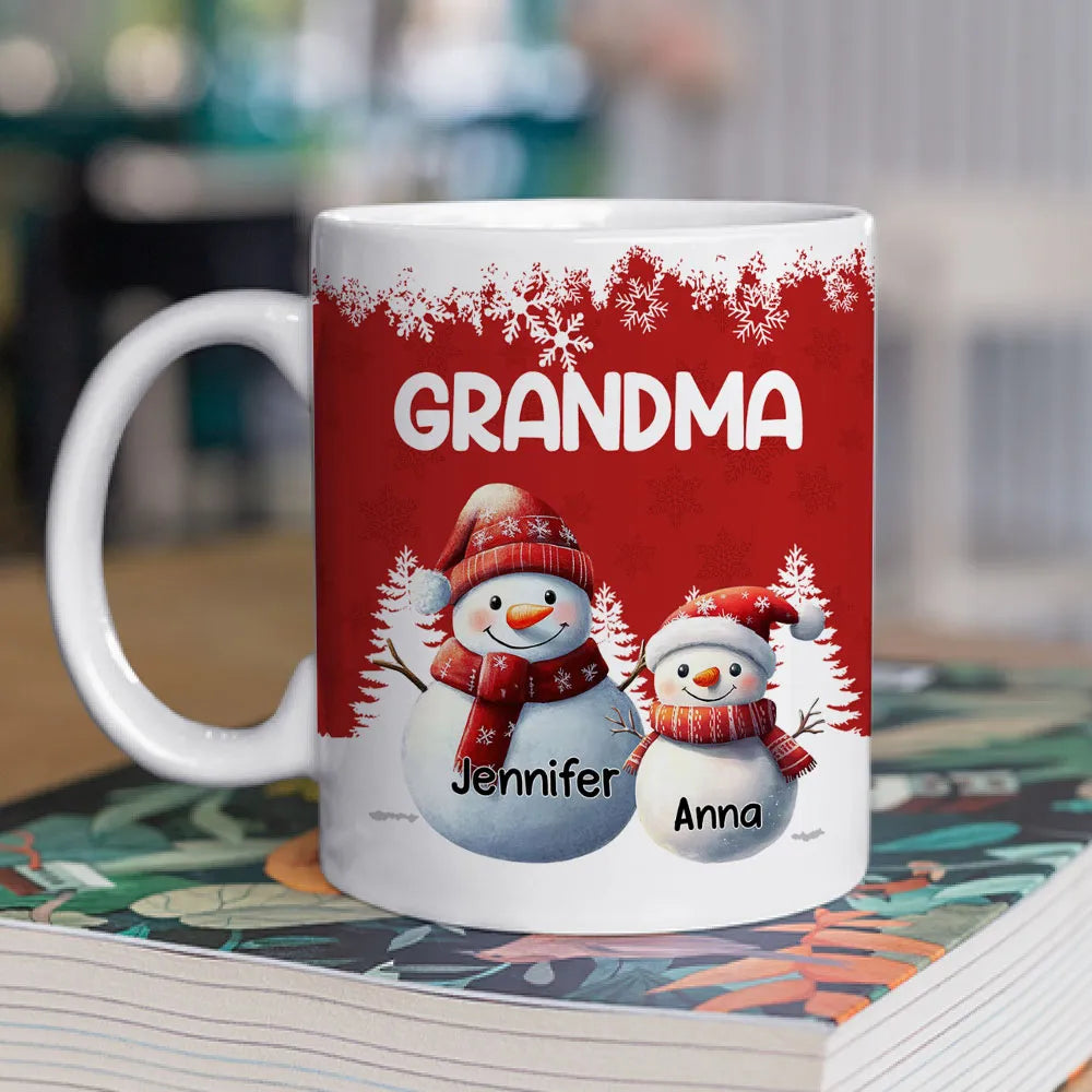 Grandma's Christmas Mug with Snowman Family, Cute Red Winter Scene, Durable Ceramic, Warm Morning Coffee, Creative Gift