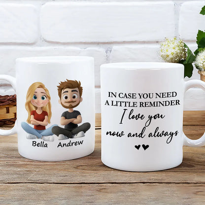 Personalized White Ceramic Mug With Cute Couple Cartoon and I love you now and always - Unique Gift for Girlfriend or Wife