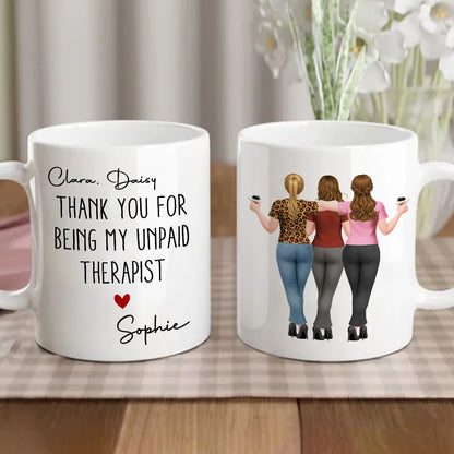 Mug with Hugging Friends Art, Thank You for Being My Unpaid Therapist, Customizable Unique Gift for Coworker or Best Friend