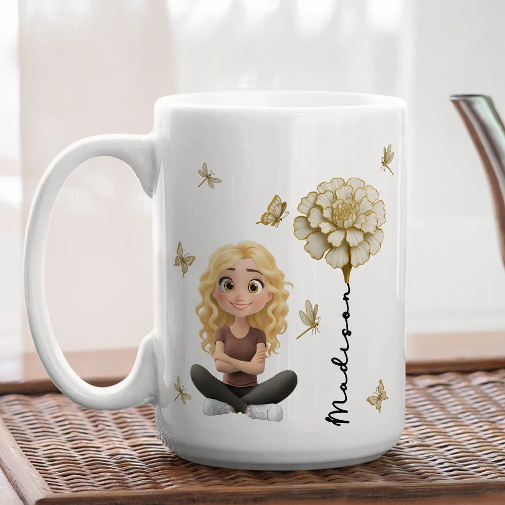 White Ceramic Mug, Custom Cute Girl Art with Butterflies & Rose, Minimal Style, Creative Gift for Grandma, Mom, or Friend