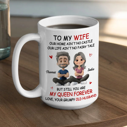 Personalized White Ceramic Mug for Wife from Husband, Cute Cartoon Couple, My Queen Forever, Unique Romantic Gift