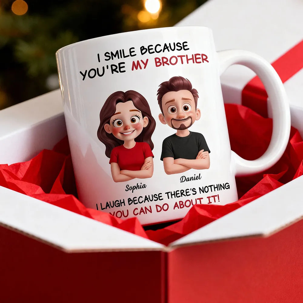 Funny Sibling White Ceramic Mug Personalized Brother & Sister Cartoon, Playful Quote, Creative Gift for Coworker or Family