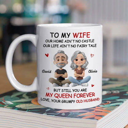 Personalized White Ceramic Mug for Wife from Husband, Cute Cartoon Couple, My Queen Forever, Unique Romantic Gift