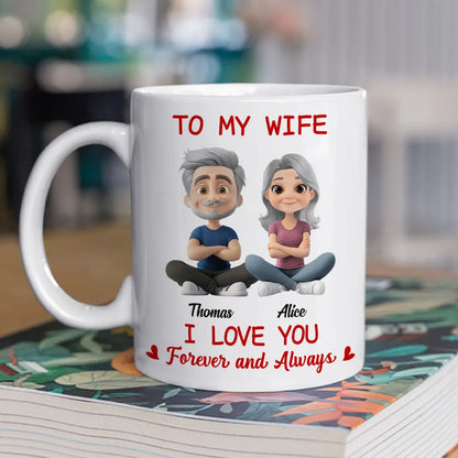 Personalized White Ceramic Mug for Wife, Cute Cartoon Couple Sitting, I Love You Forever and Always Unique Gift