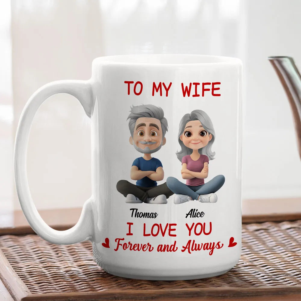 Personalized White Ceramic Mug for Wife, Cute Cartoon Couple Sitting, I Love You Forever and Always Unique Gift