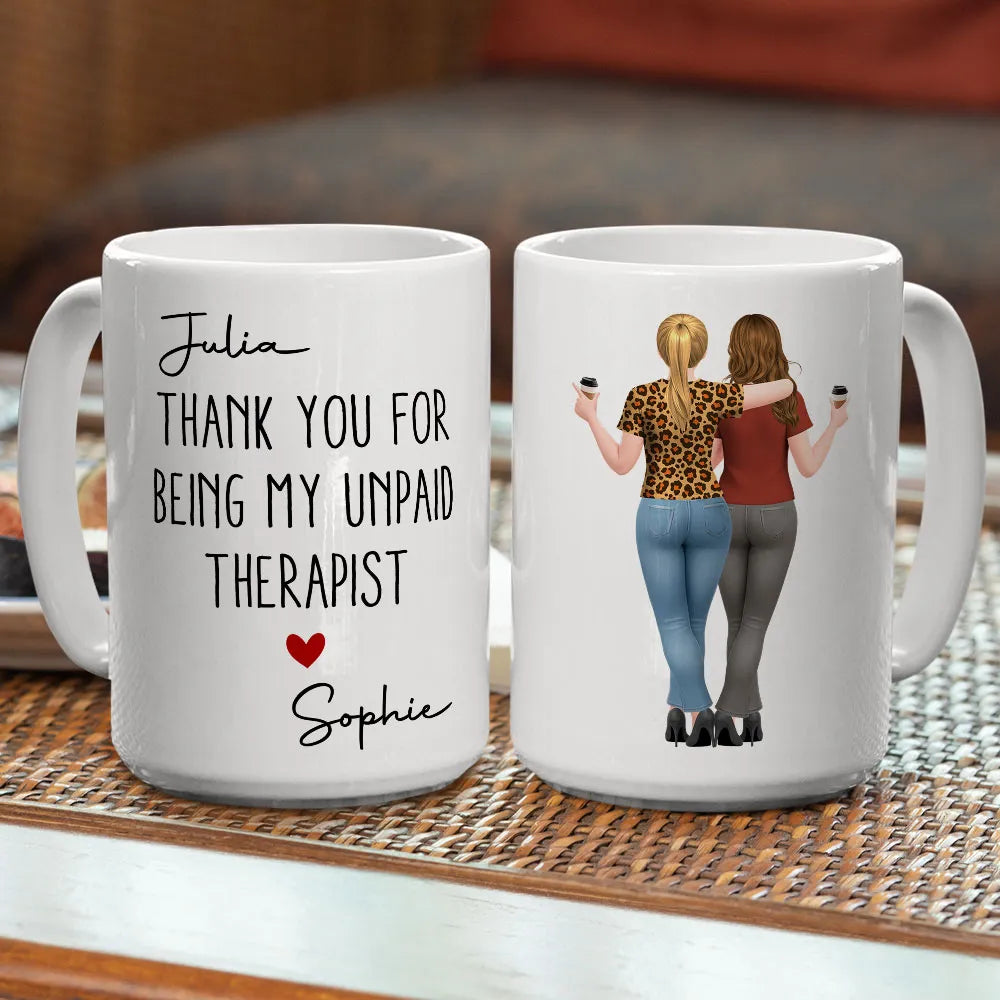 Mug with Hugging Friends Art, Thank You for Being My Unpaid Therapist, Customizable Unique Gift for Coworker or Best Friend