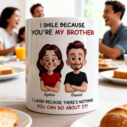 Funny Sibling White Ceramic Mug Personalized Brother & Sister Cartoon, Playful Quote, Creative Gift for Coworker or Family