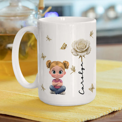 White Ceramic Mug, Custom Cute Girl Art with Butterflies & Rose, Minimal Style, Creative Gift for Grandma, Mom, or Friend