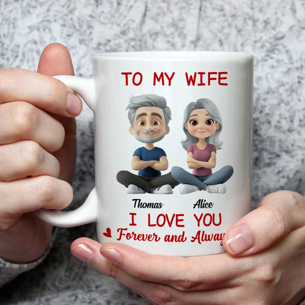 Personalized White Ceramic Mug for Wife, Cute Cartoon Couple Sitting, I Love You Forever and Always Unique Gift