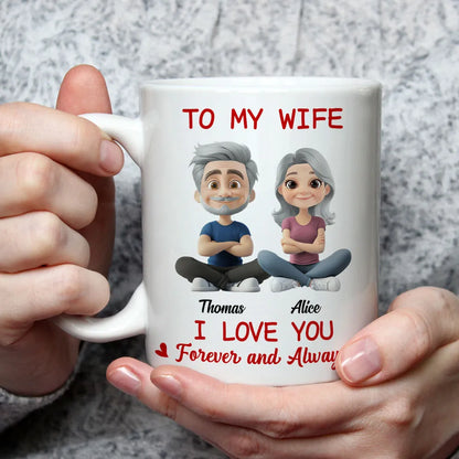 Personalized White Ceramic Mug for Wife, Cute Cartoon Couple Sitting, I Love You Forever and Always Unique Gift