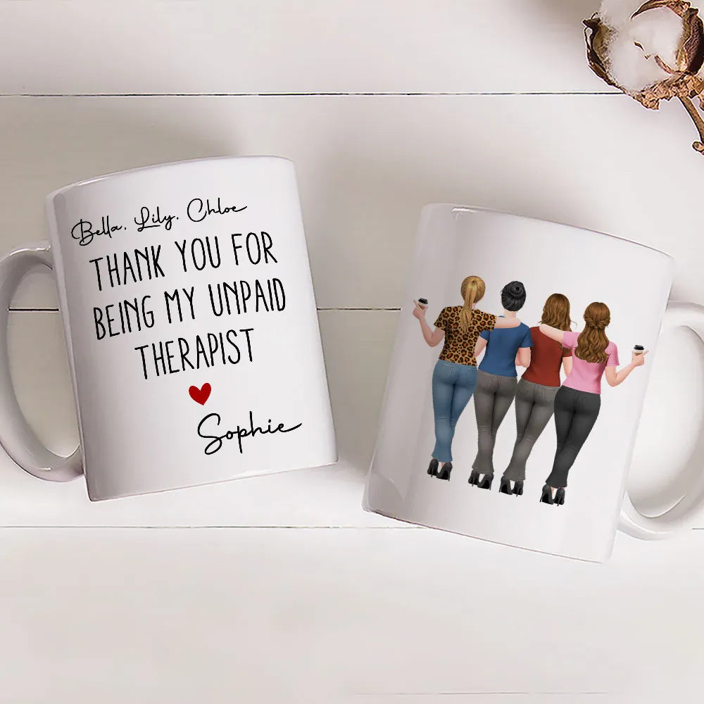 Mug with Hugging Friends Art, Thank You for Being My Unpaid Therapist, Customizable Unique Gift for Coworker or Best Friend