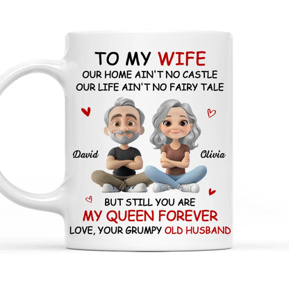Personalized White Ceramic Mug for Wife from Husband, Cute Cartoon Couple, My Queen Forever, Unique Romantic Gift