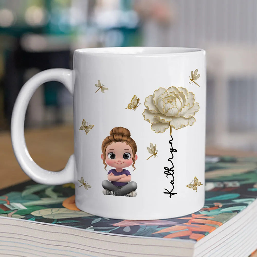 White Ceramic Mug, Custom Cute Girl Art with Butterflies & Rose, Minimal Style, Creative Gift for Grandma, Mom, or Friend