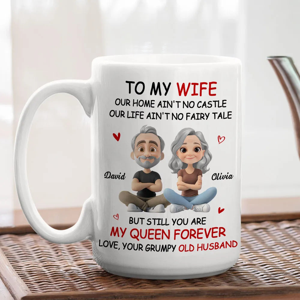 Personalized White Ceramic Mug for Wife from Husband, Cute Cartoon Couple, My Queen Forever, Unique Romantic Gift