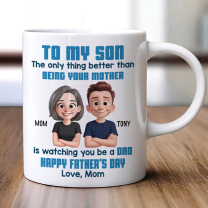To My Son Happy Father's Day Cartoon Style Personalized Mug, Heartfelt Father's Day Gift For Son