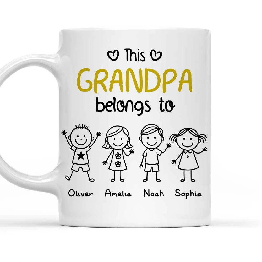 This Grandpa Belongs To Personalized White Ceramic Mug with Grandkids' Names, Cute Gift for Grandfather