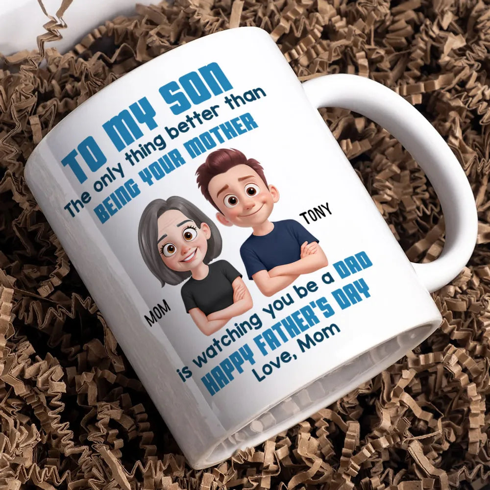 To My Son Happy Father's Day Cartoon Style Personalized Mug, Heartfelt Father's Day Gift For Son