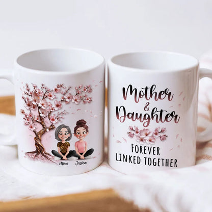 Cherry Blossom Mug with Mother & Daughter Cartoon, Personalized Gift