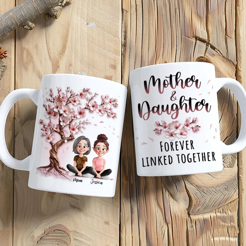 Cherry Blossom Mug with Mother & Daughter Cartoon, Personalized Gift