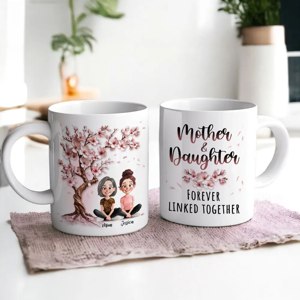 Cherry Blossom Mug with Mother & Daughter Cartoon, Personalized Gift
