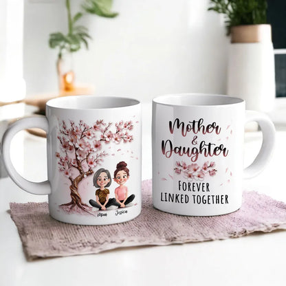 Cherry Blossom Mug with Mother & Daughter Cartoon, Personalized Gift
