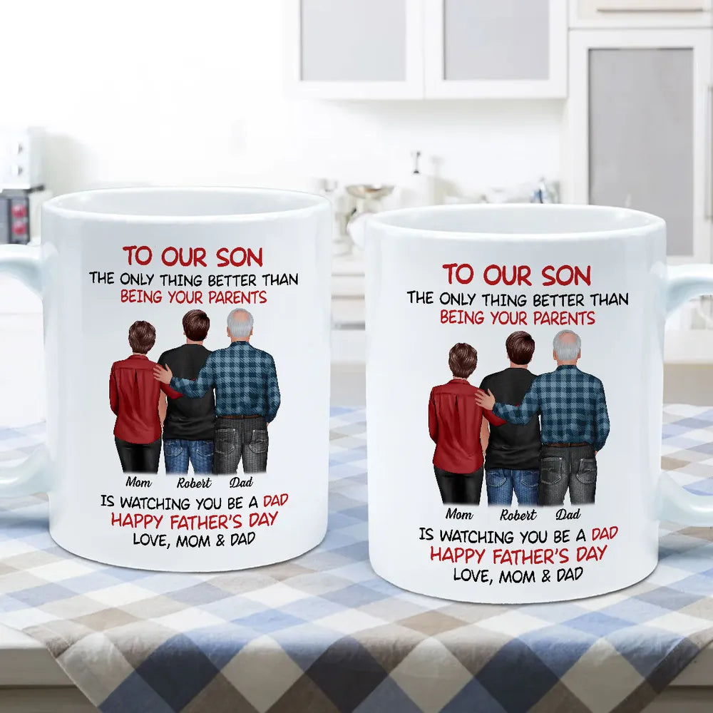 Mom-Dad-Son Back-View Ceramic Cup, Happy Trio Father's Day Keepsake
