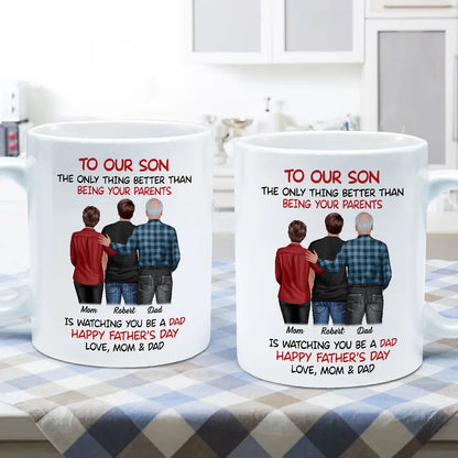 Mom-Dad-Son Back-View Ceramic Cup, Happy Trio Father's Day Keepsake