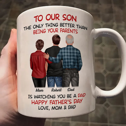 Mom-Dad-Son Back-View Ceramic Cup, Happy Trio Father's Day Keepsake