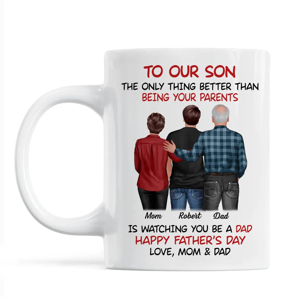 Mom-Dad-Son Back-View Ceramic Cup, Happy Trio Father's Day Keepsake