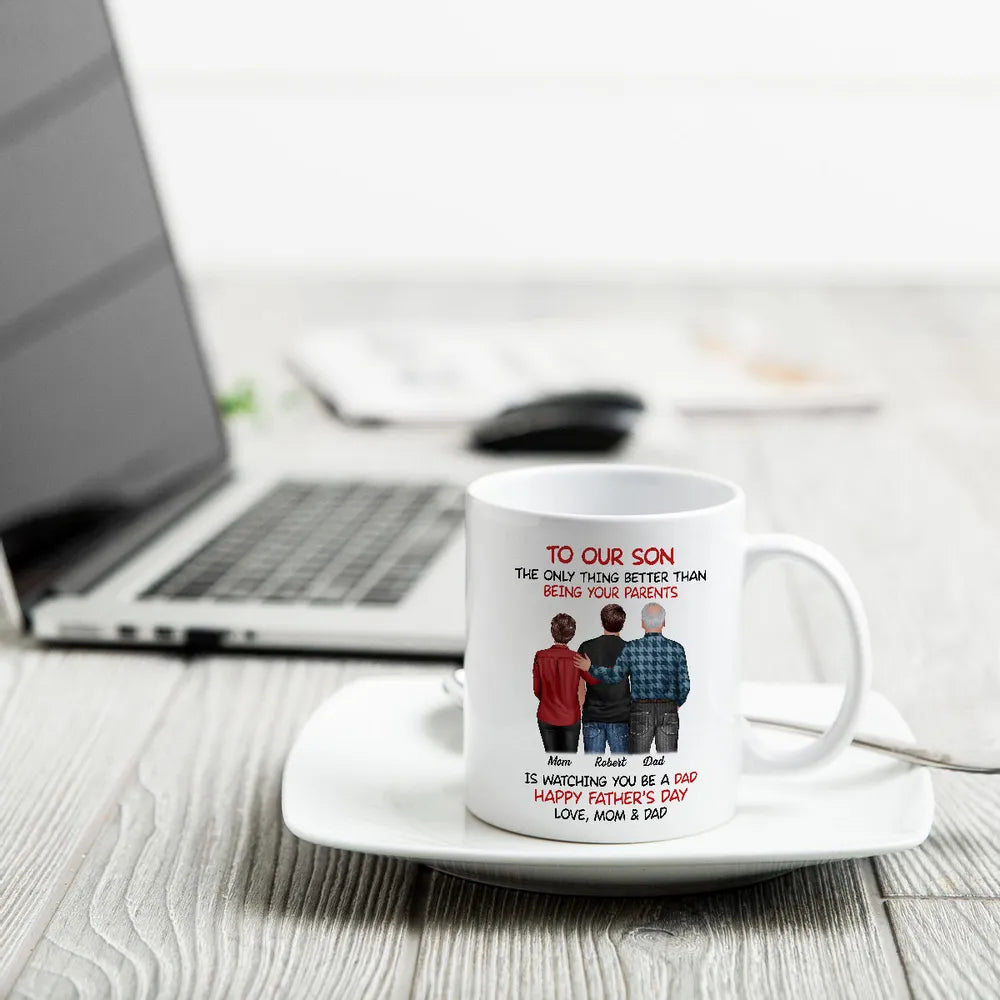 Mom-Dad-Son Back-View Ceramic Cup, Happy Trio Father's Day Keepsake