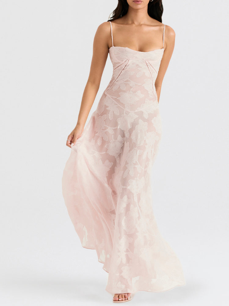 Elegant Thin Straps Floral Lace Maxi Dress