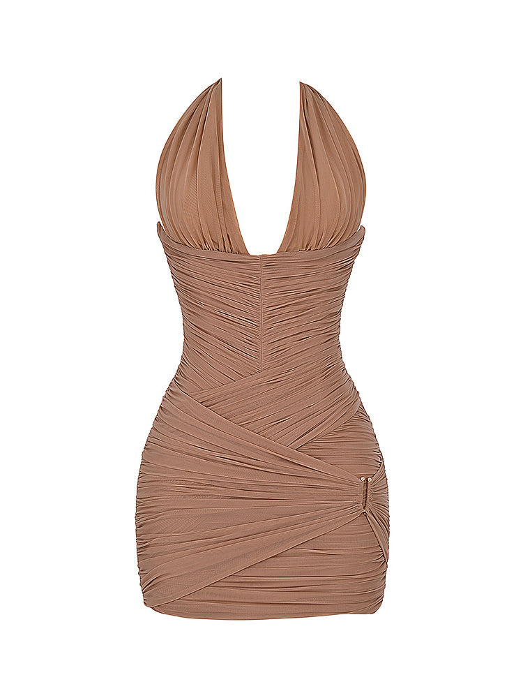 Gathered Plunge Neck Halter Backless Mini Dress