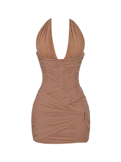 Gathered Plunge Neck Halter Backless Mini Dress