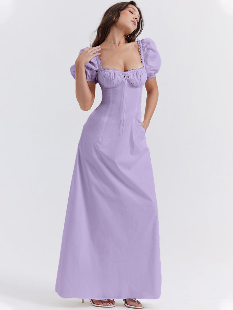 Lavender Square Neckline Puff Sleeves Maxi Dress
