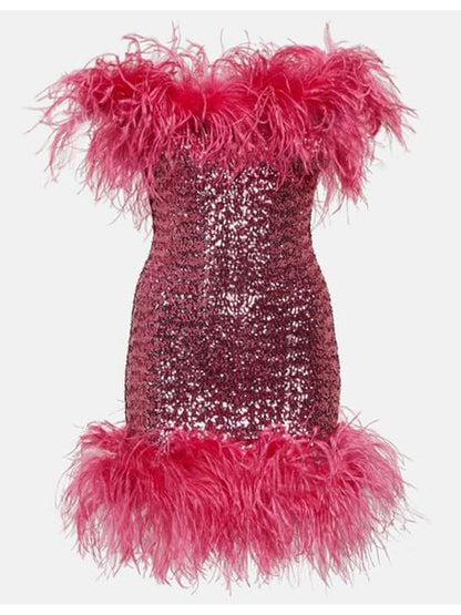 Deeppink Feather Trim Sequin Strapless Mini Dress