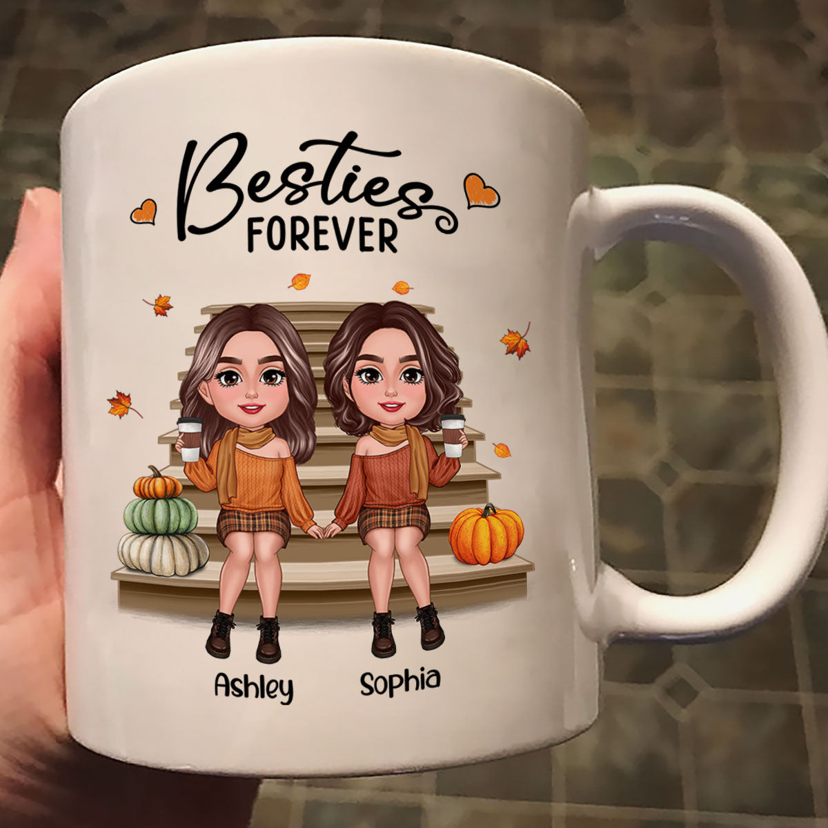 Fall Season Best Friends Sisters Sitting On Stair Personalized Mug