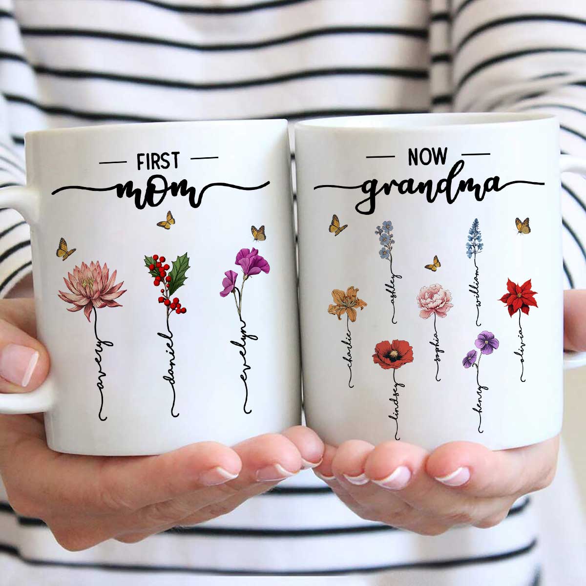 First Mom Now Grandma Birth Flower Personalized Mug