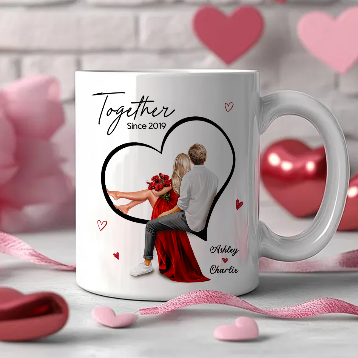 Couple Sitting On Heart Personalized Mug, Gift, Anniversary Gift for Couples,