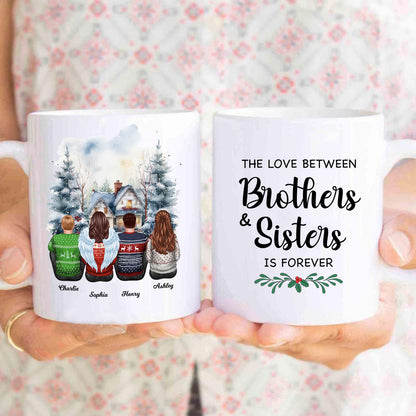 Brother Sisters Watercolor Christmas House Personalized Mug, Christmas Gift for Siblings