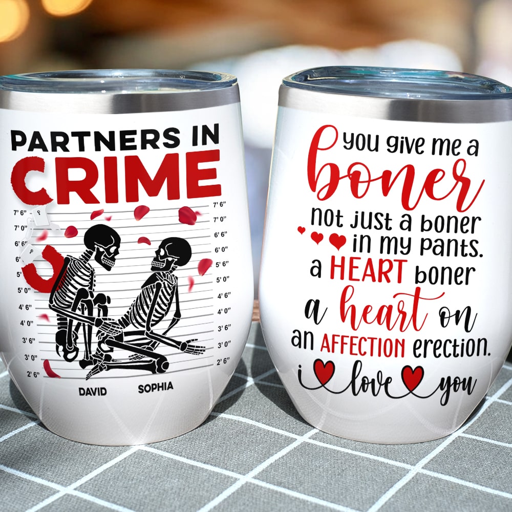 Partners In Crime-Gift For Couple-Personalized Wine Tumbler-Skull Funny Couple Wine Tumbler