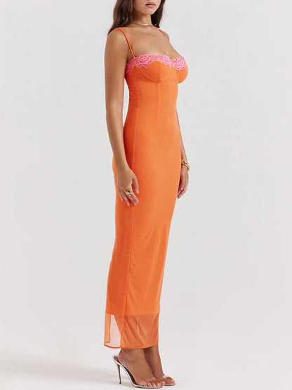 Flame Orange Lace Trim Slit Mesh Maxi Dress