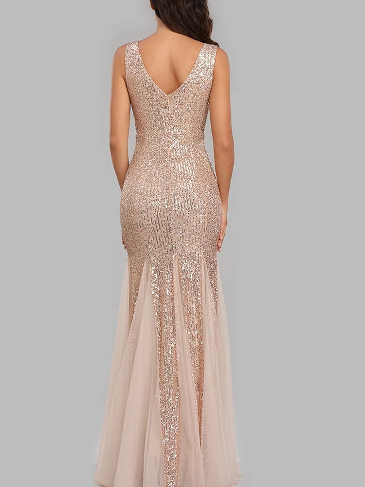 Sequin Tulle V-Neck Mermaid Floor Length Prom Dresses