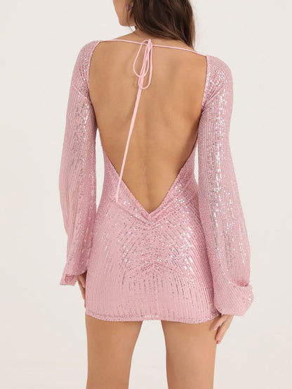 Sequin Open Back Puff Long Sleeve Mini Dress
