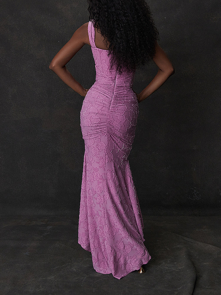 Rose Pink Floral Corset Ruffle Ruched Maxi Dress