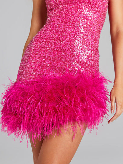 Sequin Feather Trim Sleeveless Square Neck Mini Dress