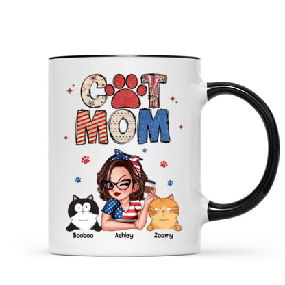 Cat Mom 4th of July America Sparkly Pattern Personalized Mug, Independence Day