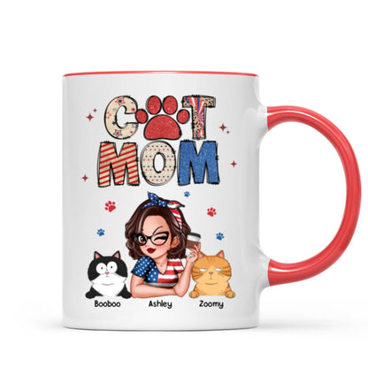 Cat Mom 4th of July America Sparkly Pattern Personalized Mug, Independence Day