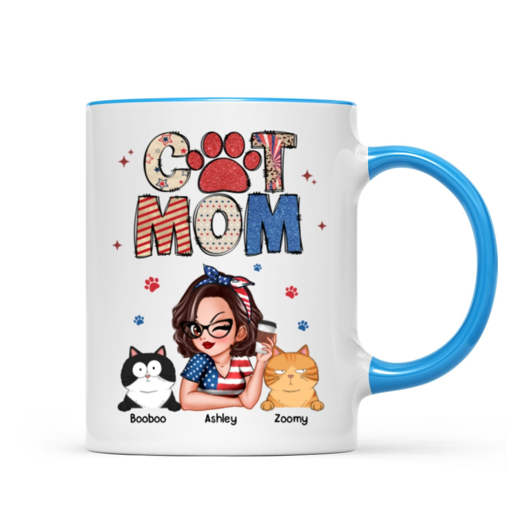 Cat Mom 4th of July America Sparkly Pattern Personalized Mug, Independence Day